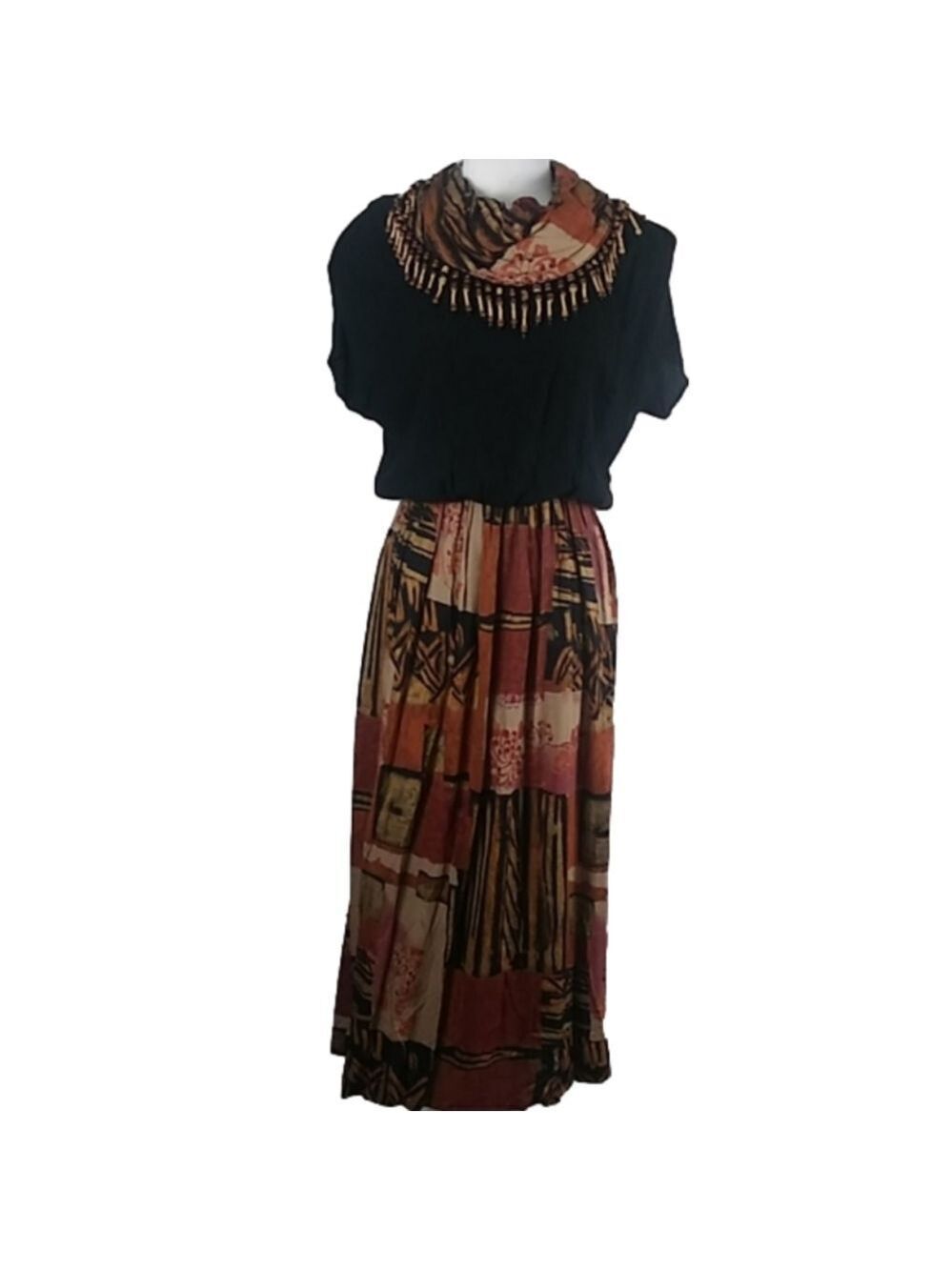 S.L. Fashions Black Orange Multicolored Print Beaded Scarf Collar Midi Dress